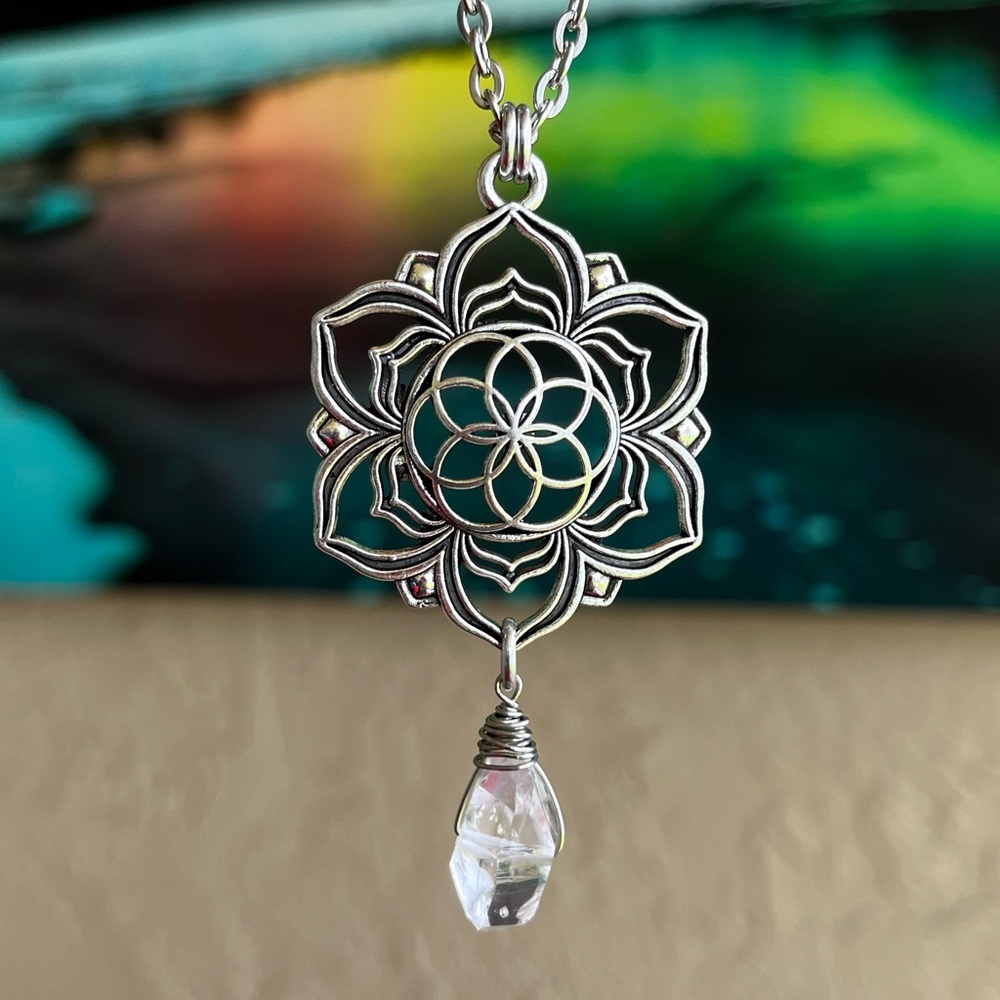 Herkimer diamond mandala lotus flower charm stainless steel chain boho crystals - Picture 5 of 11